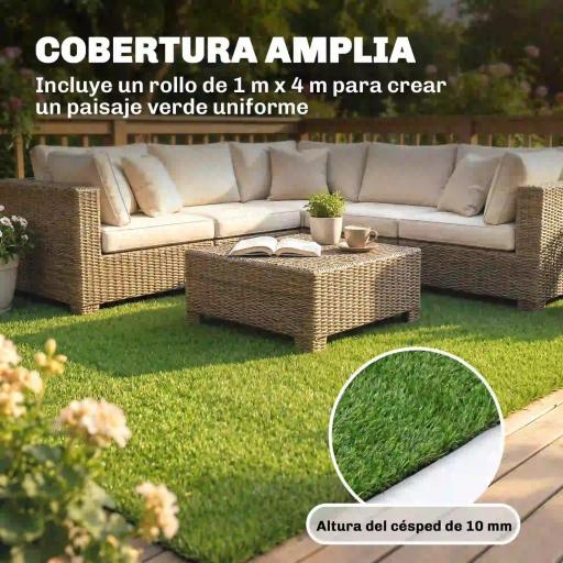 Césped Sintético 1m x 4m Alfombra Césped Artificial con Altura de Hierba 10 mm Drenaje Automático Verde [5]