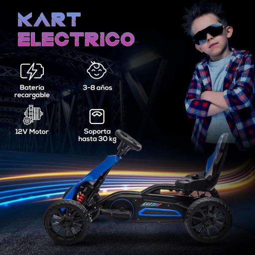 Kart Coche Eléctrico Infantil 12V de 3 a 8 Años Velocidad 3-5km/h y Cinturón de Seguridad 100x58x58,5cm Azul [6]
