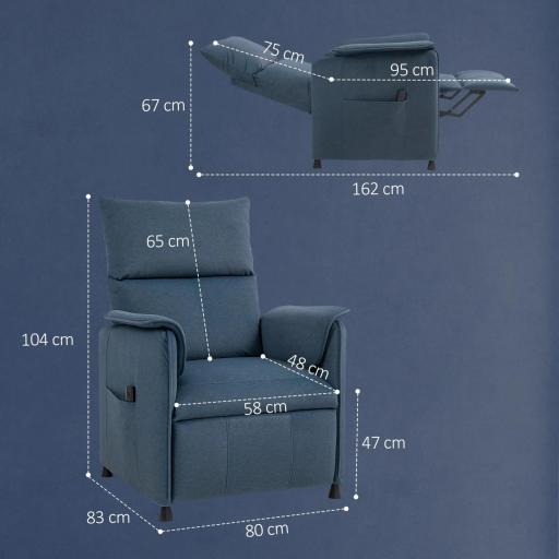 Sillón Reclinable con Motor sin Escobillas Reposapiés Tapizado Resistente y Bolsillos Laterales 80x83x104 cm Azul Oscuro [5]