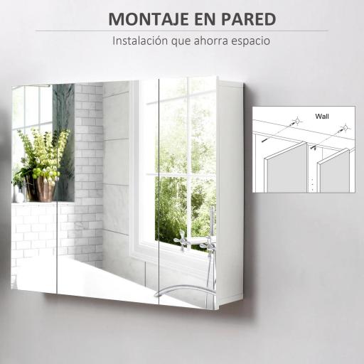 Mueble de Baño con Espejo Mueble de Pared para Baño con 3 Puertas y Estantes Internos Ajustables 70x15x60cm Blanco [2]