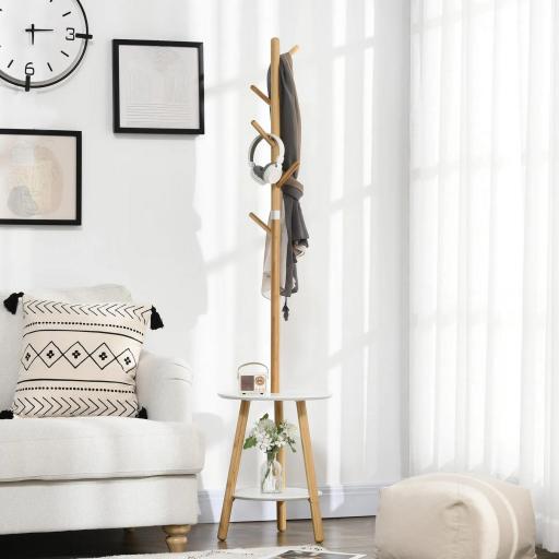  2 en 1 Perchero de Pie de Bambú con 2 Estantes 5 Ganchos para Ropa Bolsos para Entrada 39,5x39,5x171 cm Natural