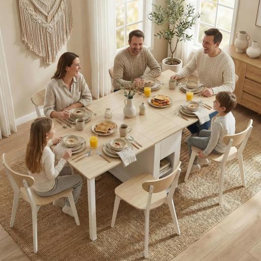 Mesa de Cocina Plegable para 6 Personas con Alas Abatibles Cajón Estantes Abiertos 168,2x85x73 cm Blanco [3]