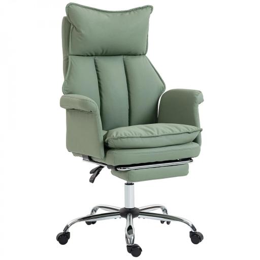 Silla de Escritorio con Reposapiés Respaldo Reclinable Alto Acolchado Grueso Tapizada en Cuero Sintético Ruedas Verde [10]