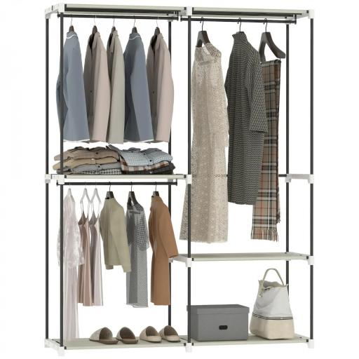 Armario de Ropa Armario Abierto con 4 Estantes de Tela 3 Barras para Colgar Marco de Metal 142x43x185 cm Crema [8]