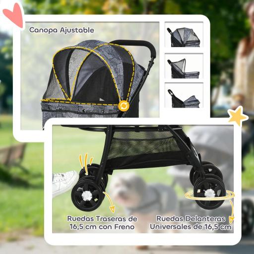 Cochecito para Perros Pequeños Plegable con Cesta de Almacenaje Capota Ajustable y 2 Ruedas Universales 81x48x99 cm Gris [3]
