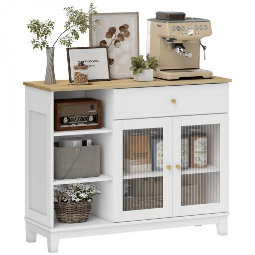 Aparador para Salón con 2 Puertas de Vidrio Cajón Compartimentos Abiertos y Estantes Ajustables 100x35x80,3 cm Blanco [9]