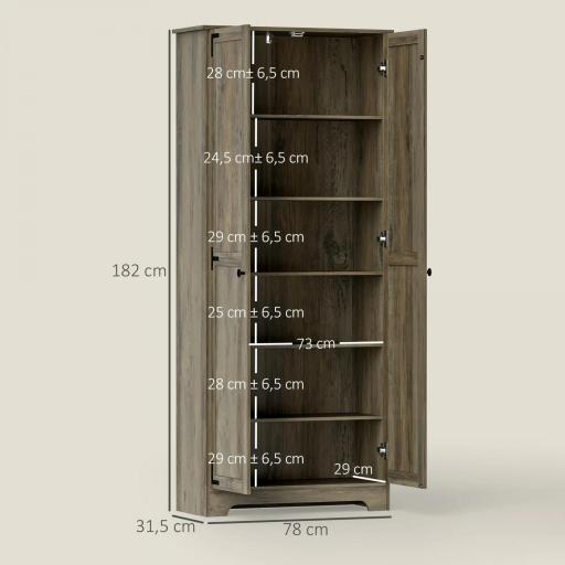 Alacena de Cocina con 2 Puertas y Estantes Ajustables para Comedor Salón 78x31,5x182 cm Marrón Grisáceo [1]