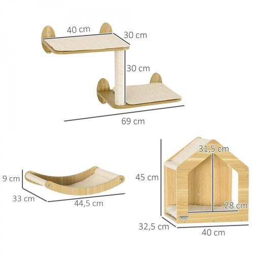 Juego de Escalada para Gatos de 3 Piezas Set de Pared con Estantes Cama Hamaca y Poste de Sisal Color Roble [1]