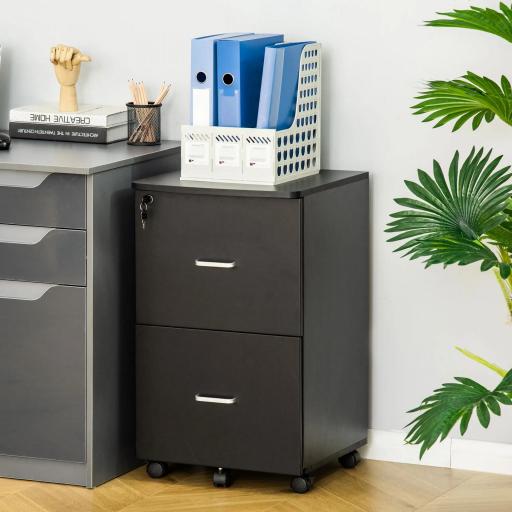 Cajonera de Oficina Mueble Auxiliar con 2 Cajones Cierre con Llave para Estudio Despacho 43x45x72 cm Negro