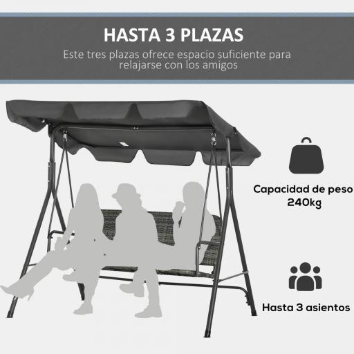 Balancín de Jardín Exterior de 3 Plazas con Toldo Ajustable Asiento de Ratán PE y Reposabrazos 167x112x153 cm Gris [5]