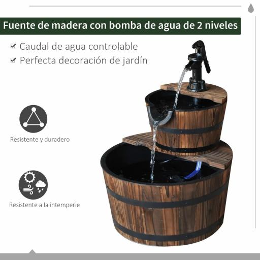 Fuente de Jardín de Madera en Cascada de 2 Niveles con Bomba Eléctrica y Salida de Agua Ajustable 44,5x44,5x58,5 cm Natural [2]