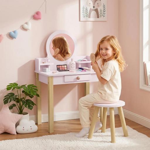 Tocador de Maquillaje Niña Tocador Infantil con Taburete Espejo Cajón y 2 Estantes Abiertos para Niños 3 a 6 Años Rosa [2]
