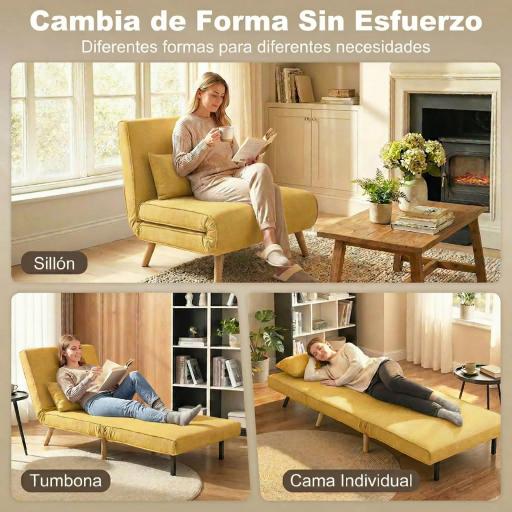 Sofá Cama Individual Plegable con Respaldo Ajustable 5 Posiciones Sillón Cama Tapizado con Cojín 72x75x85 cm Amarillo [2]