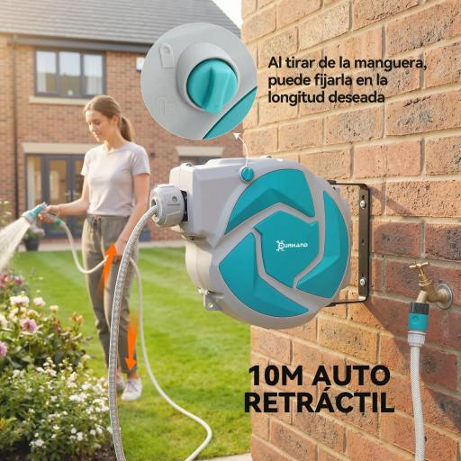 Manguera Retráctil de Pared con Carrete de 10+1 m con Retorno Enrollado Automático y Boquilla de 7 Funciones Gira 180° [3]