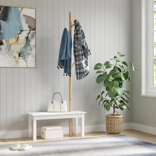 Perchero de Pie con Banco Colgador Tipo Árbol Moderno 6 Ganchos para Colgar Ropa Bolsa Pasillo Entrada Bambú y MDF 80x30x180cm [8]