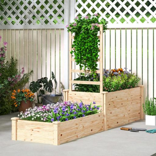 Jardinera Elevada con Celosía de Madera para Plantas Trepadoras y 2 Cajas de Cultivo 222x63x132 cm Natural