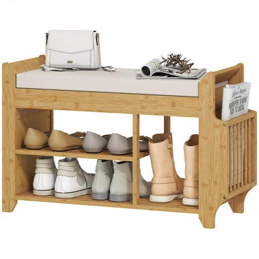 Banco Zapatero con Asiento Acolchado Almacenamiento Lateral Estante para Botas Marco de Bambú 80x30x50 cm Natural [9]