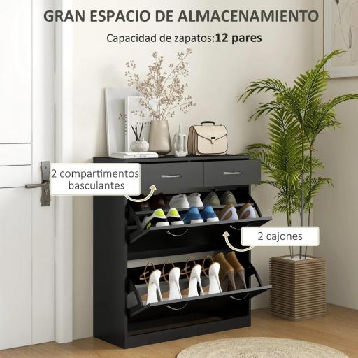 Mueble Zapatero Estrecho Armario de Zapatos con 2 Cajones Abatibles para 12 Pares de Zapatos 80x30x91,5 cm Negro [2]