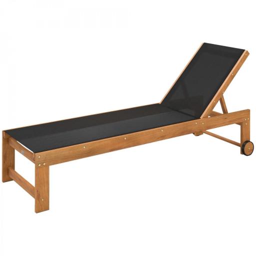 Tumbona de Jardín con Respaldo Ajustable Ruedas Integradas y Estructura de Madera de Acacia Capacidad de 160 kg Negro [8]