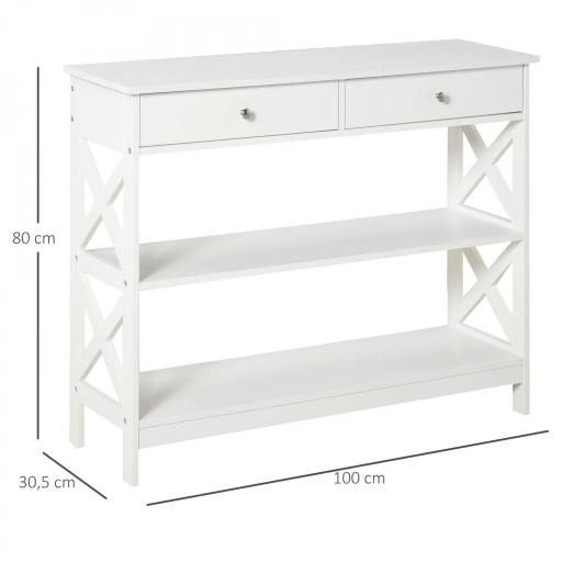 Mesa Consola de Entrada Recibidor con 2 Cajones y 2 Estantes Inferiores Mueble Moderno Base Elevada Antivuelco 100x30,5x80 cm Blanco [1]