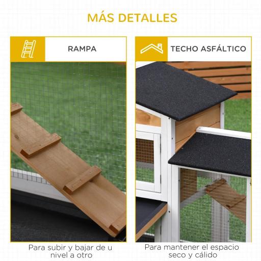 Conejera de Madera Exterior Jaula para Conejos de 2 Niveles con Techo Asfáltico 2 Corrales de Metal Bandeja Extraíble 2 Puertas y Rampa 157,4x53x93,5 cm Natural [4]