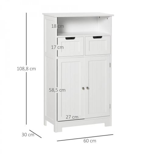 Armario de Baño con 2 Puertas Estante Ajustable 2 Cajones y Compartimento Abierto Mueble Auxiliar de Almacenaje para Salón Cocina 60x30x108,8 cm Blanco [7]