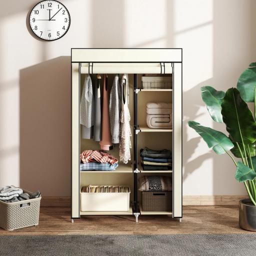 Armario de Tela Plegable Ropero Portátil con 6 Estantes y 1 Barra de Colgar para Dormitorio 103x43x162,5cm Crema [6]