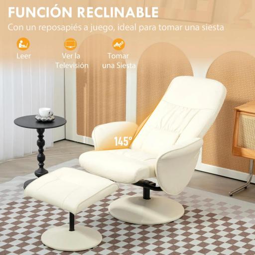 Sillón de Relax con Reposapiés Respaldo Reclinable hasta 145° para Salón Dormitorio Oficina 76x81x101 cm Crema [4]