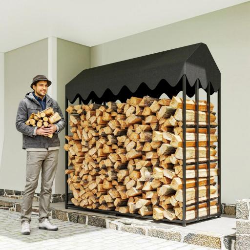 Leñero Exterior Metálico de Chimenea Soporte para Leña con Cubierta Impermeable 186x70x185 cm Negro