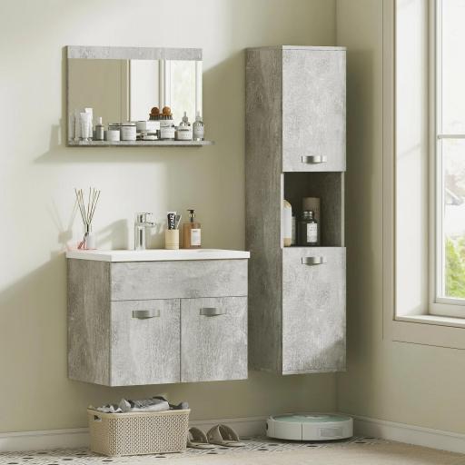 Conjunto de Muebles de Baño de Pared 3 Piezas Incluye Espejo Armario con Lavabo Cerámico y Columna Auxiliar de Baño Gris