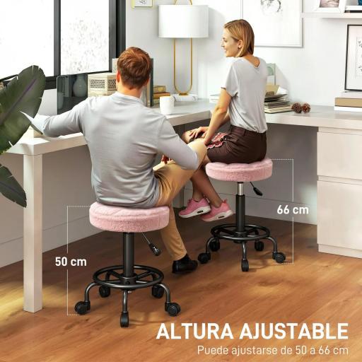 Taburete Giratorio Redondo Taburete con Ruedas Altura Regulable 50-66 cm Asiento Tapizado en Tejido de Borreguito Rosa [6]