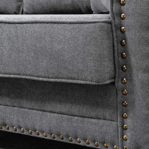 Sofá de 3 Plazas con Tachuelas Oro Envejecido Tapizado en Poliéster con 2 Cojines Decorativos 196x80,5x89 cm Gris [4]