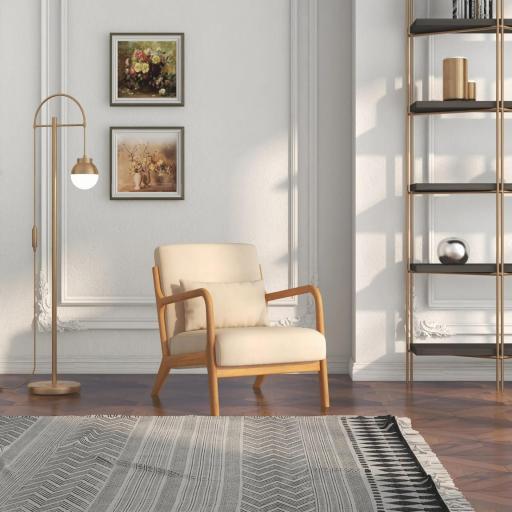 Butaca Nórdica Sillón de Salón Acolchado con Reposabrazos Cojín y Marco de Madera de Caucho 61x78x76 cm Beige [6]