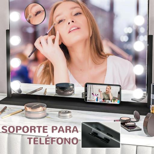 Espejo de Tocador Giratorio 58x46 cm con 14 Bombillas LED 3 Modos de Iluminación Ajustables Interruptor Táctil Negro [2]
