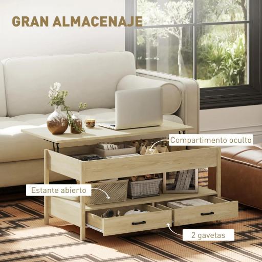 Mesa de Centro Elevable con Almacenamiento Compartimento Oculto Cajones y Estante Abierto 100x50x48-62 cm Roble [4]