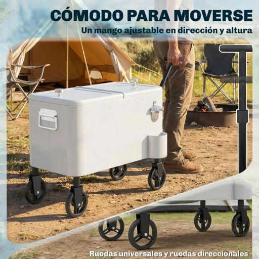 Carrito Nevera de 56L con Ruedas Mango Ajustable Abrebotellas Recogetapas Drenaje y Asa 75x35x120 cm Blanco [5]
