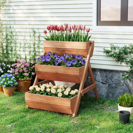 Jardinera de Madera de 3 Niveles Jardinera Elevada Exterior con Orificios de Drenaje 65x75x76 cm Marrón [6]