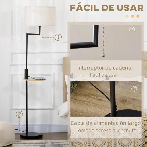 Lámpara de Pie con Mesita Auxiliar y Pantalla de Lino Interruptor de Cadena y Cargador USB Ø40x170 cm Natural [2]