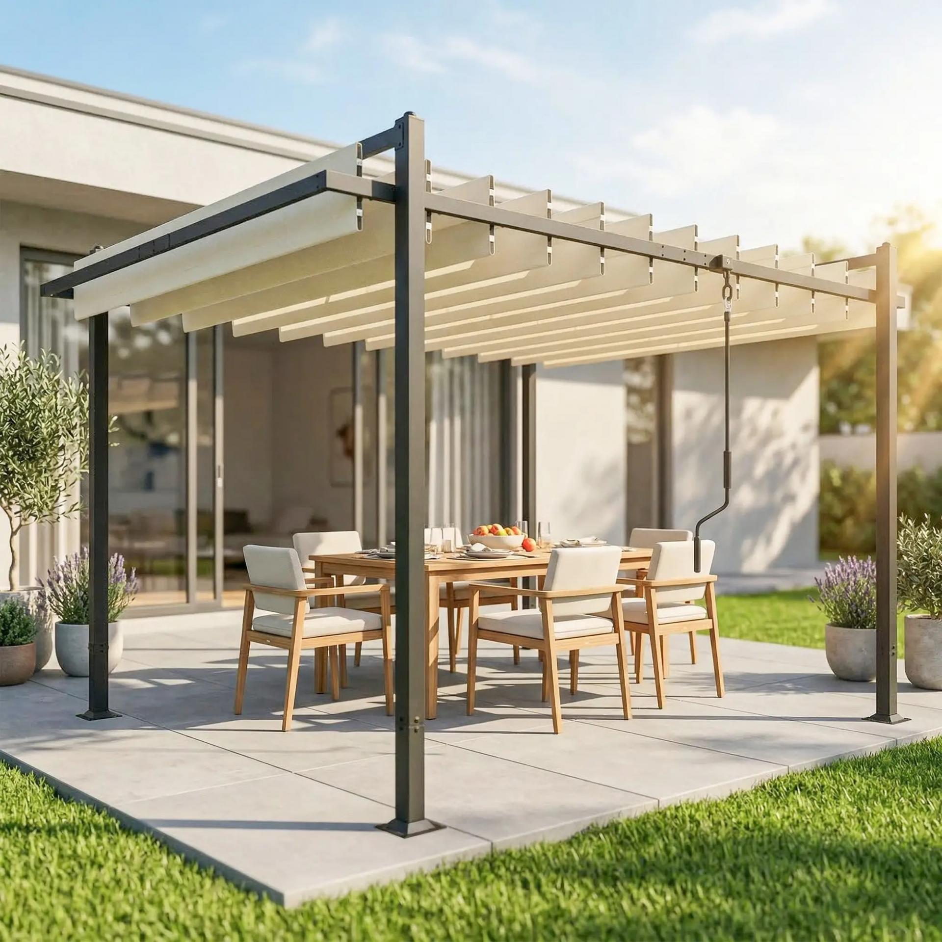 Pérgola de Jardín 3x3,8 m con Techo de Lamas Ajustable a 90° Manivela Estructura de Aluminio y Acero UPF50+ Beige