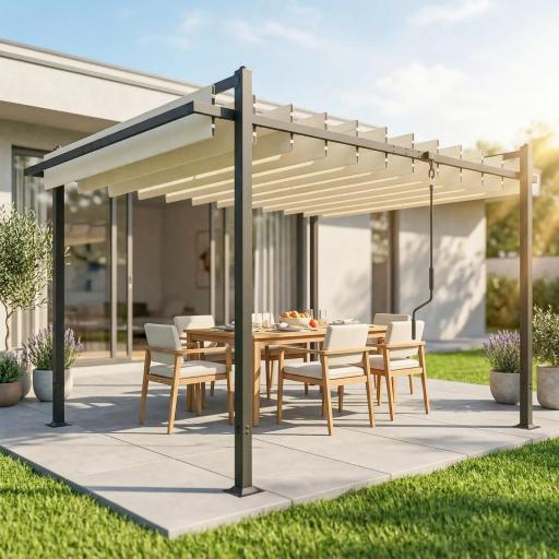 Pérgola de Jardín 3x3,8 m con Techo de Lamas Ajustable a 90° Manivela Estructura de Aluminio y Acero UPF50+ Beige
