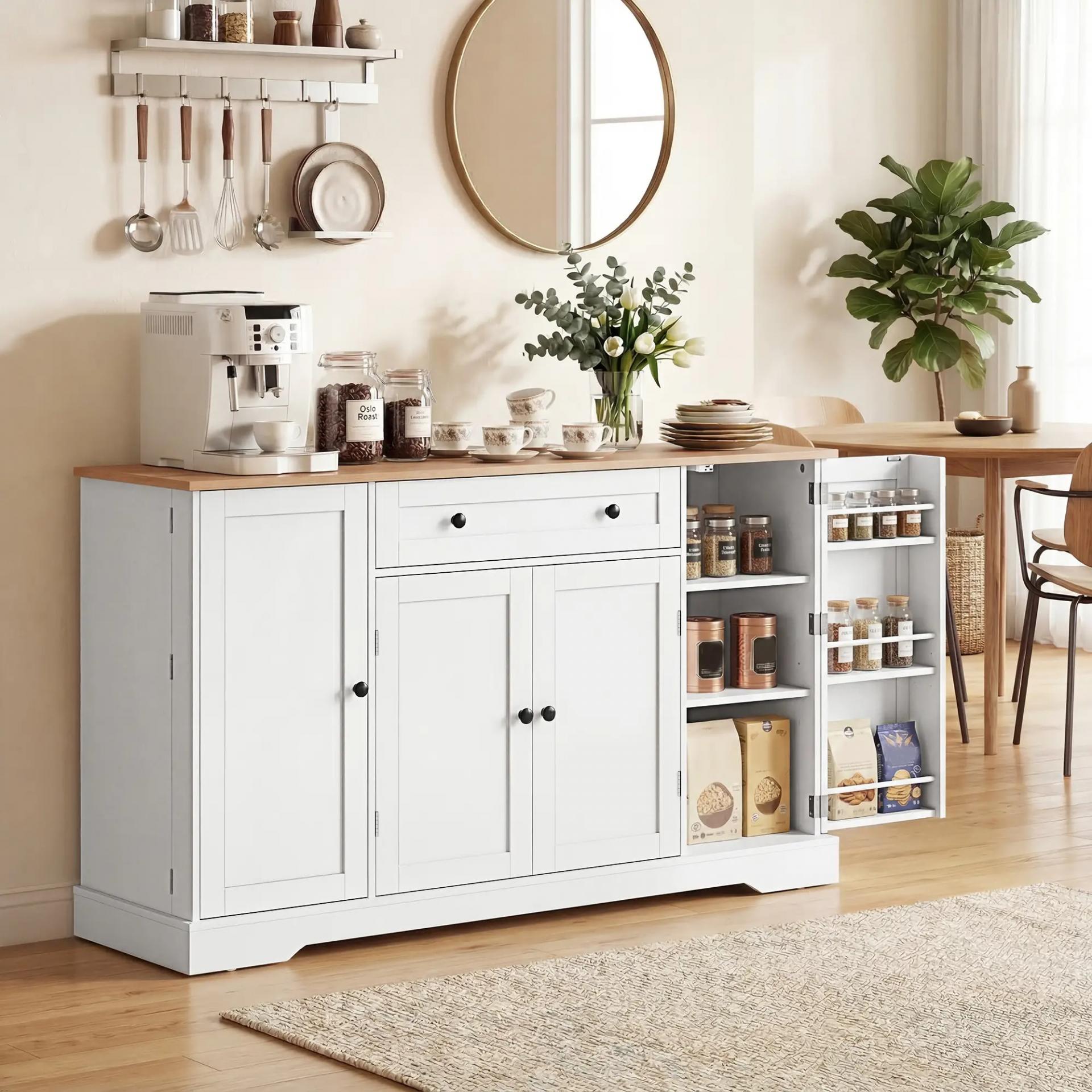 Aparador de Cocina con Cajón Estantes en las Puertas Estantes Ajustables Barra de Café 138x40x83,5 cm Blanco
