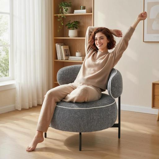 Butaca de Salón con Asiento Giratorio Tapizado en Lino Asiento Amplio Relleno Grueso Patas de Metal Gris Oscuro