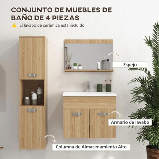Conjunto de Muebles de Baño de Pared 3 Piezas Incluye Espejo Armario con Lavabo Cerámico y Columna de Baño Natural [2]