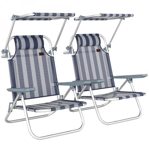 Juego de 2 Sillas de Playa Plegables con Dosel Ajustable Respaldo Reclinable 6 Posiciones Reposacabezas Azul y Blanco [10]