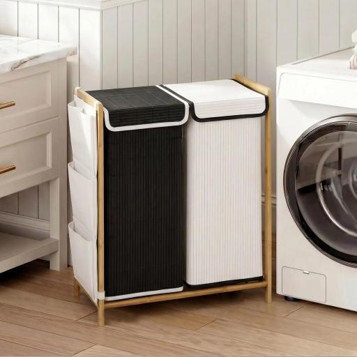 Cesto de Ropa Sucia con Tapa 120L de Bambú con 2 Compartimentos Bolsas con Cordón Bolsillos Laterales Blanco y Negro [2]