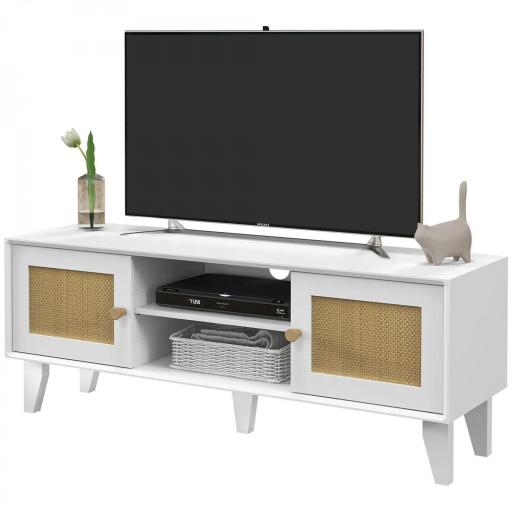 Mueble de TV de Salón Mesa para Televisores de hasta 55" con 2 Puertas de Ratán Estante Ajustable 120x35x46 cm Blanco [8]