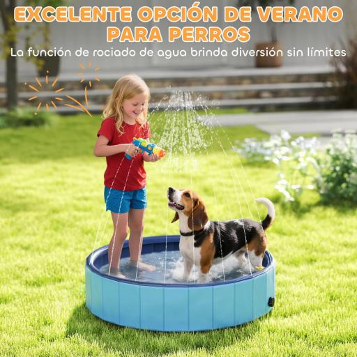 Piscina para Perros Medianos y Pequeños Plegable con Aspersor de PVC Antideslizante Resistente Ø100x30 cm Azul Claro [2]