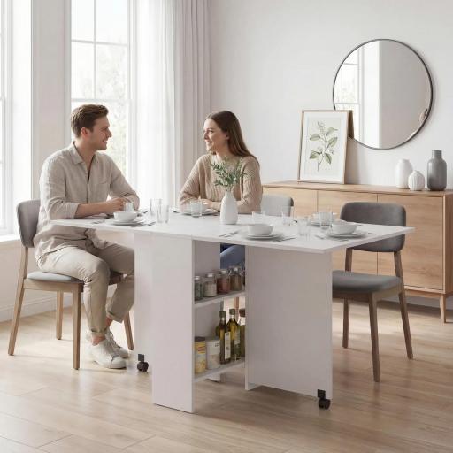 Mesa Plegable de Comedor con Ruedas Alas Abatibles y Estantes para 4-6 Personas 75x140x74 cm Blanco [8]