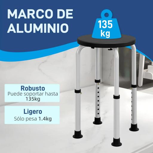 Taburete de Ducha de Aluminio con Altura Regulable Antideslizante Carga 135 kg para Ancianos y Discapacitados [6]