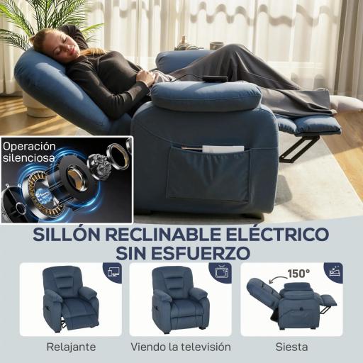 Sillón Relax Reclinable Eléctrico Silencioso con Función Memoria Reposapiés Mando a Distancia Bolsillos Laterales Azul [3]